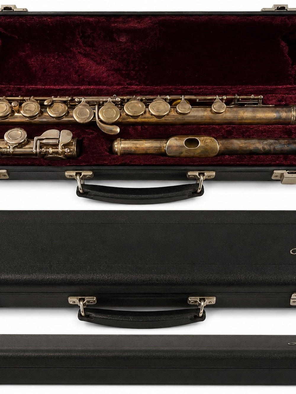 Antique Brass Flute with Velvet-Lined Case - Deep Burgundy Interior